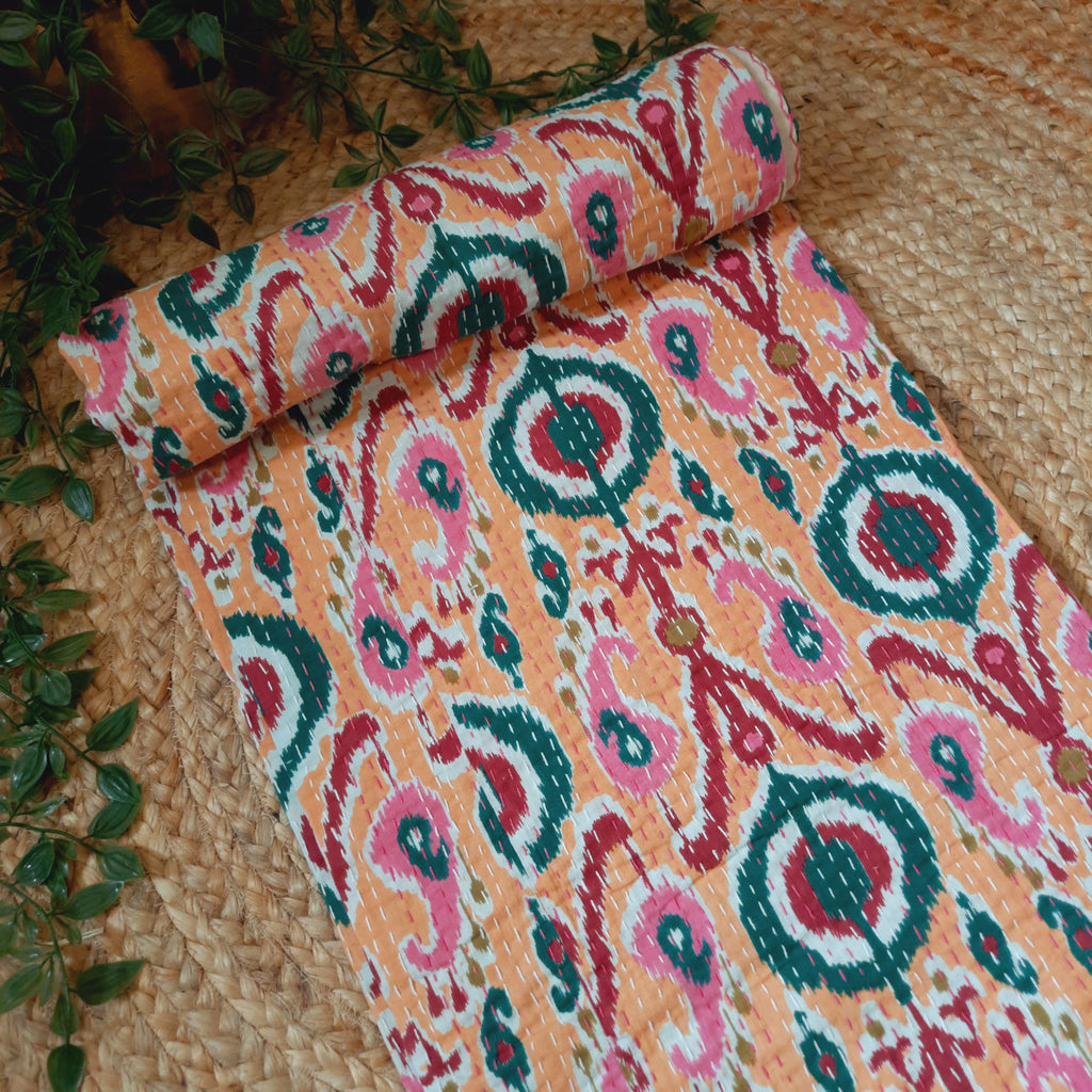 Peach Ikkat Sofa Throw with Kantha Hand-Stitching | Pure Cotton Heritage Wrap