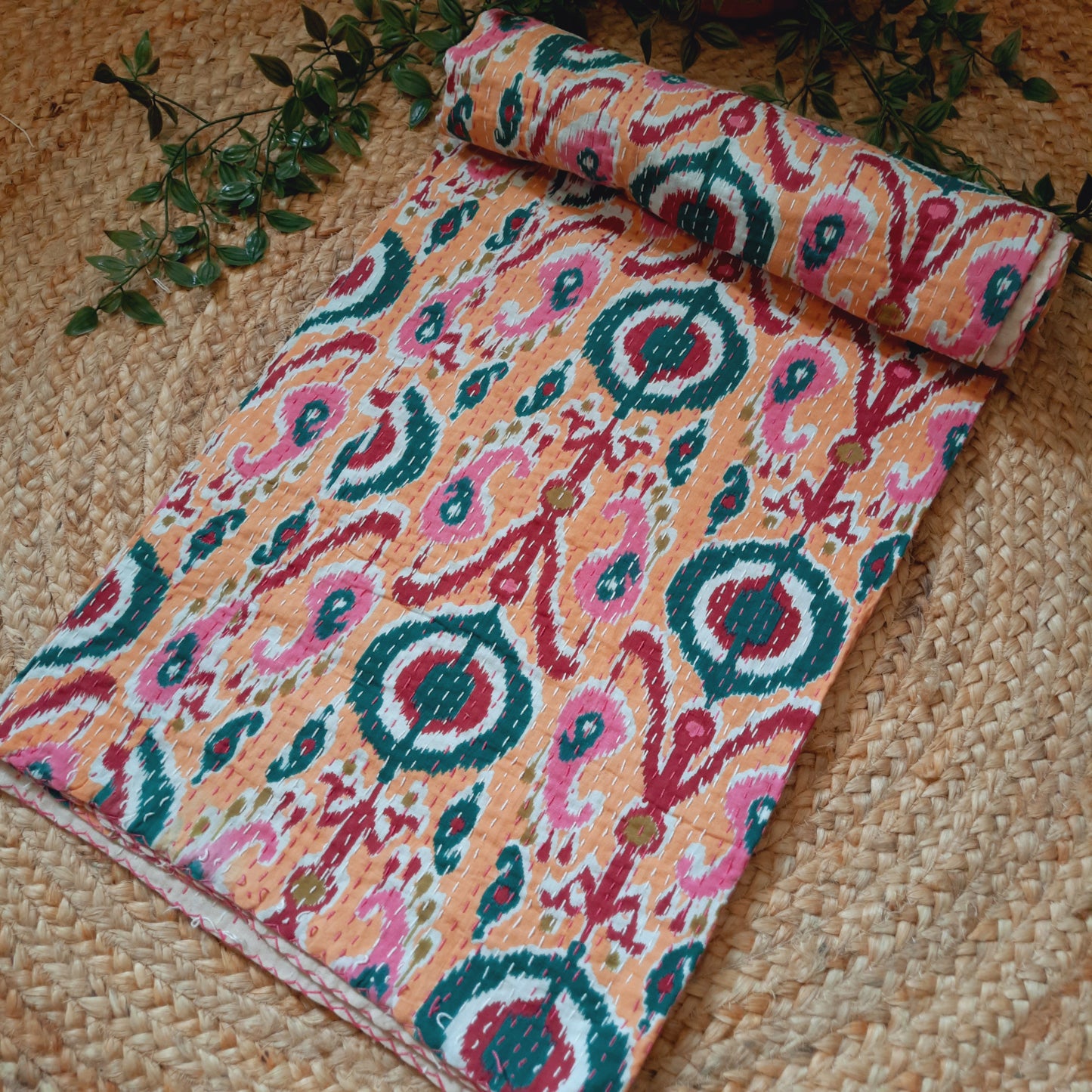 Peach Color Kantha Work Ikkat Print Single Bedcover