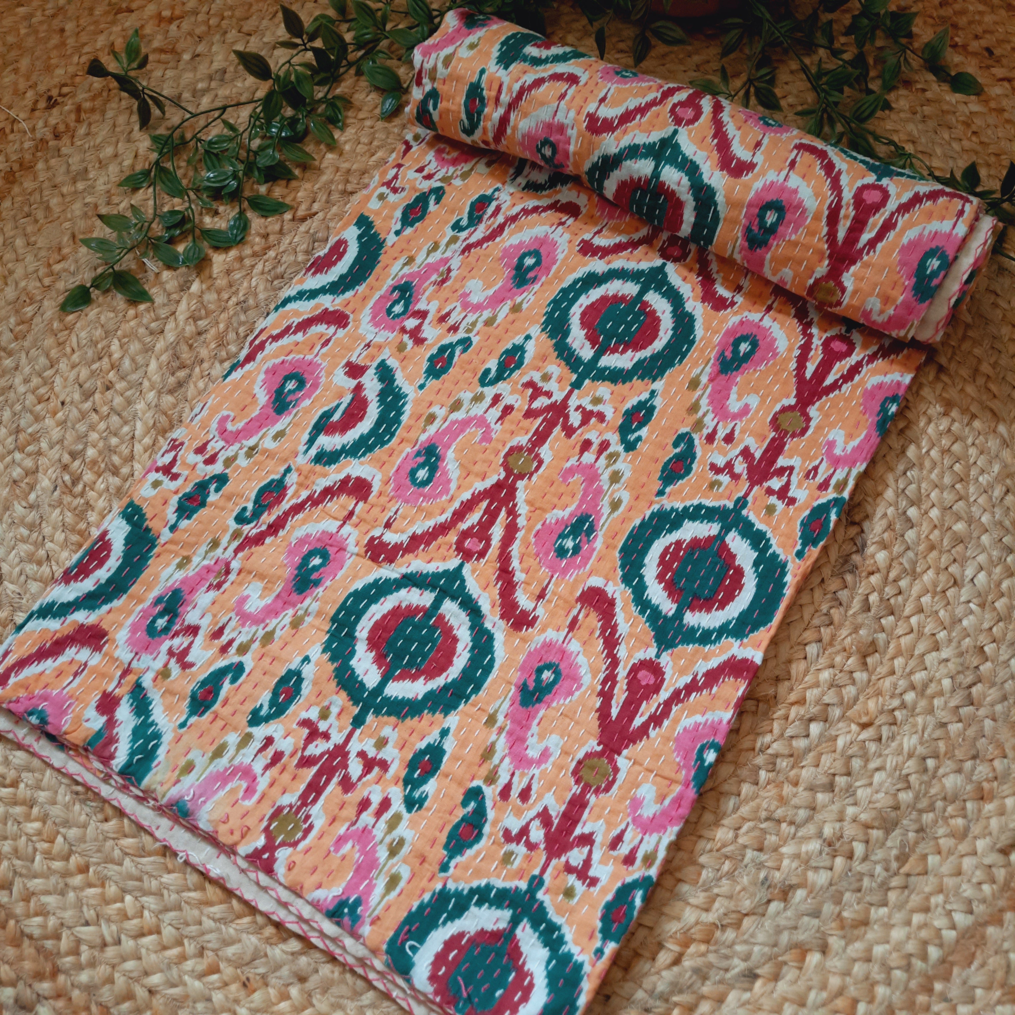 Peach Ikkat Sofa Throw with Kantha Hand-Stitching | Pure Cotton Heritage Wrap