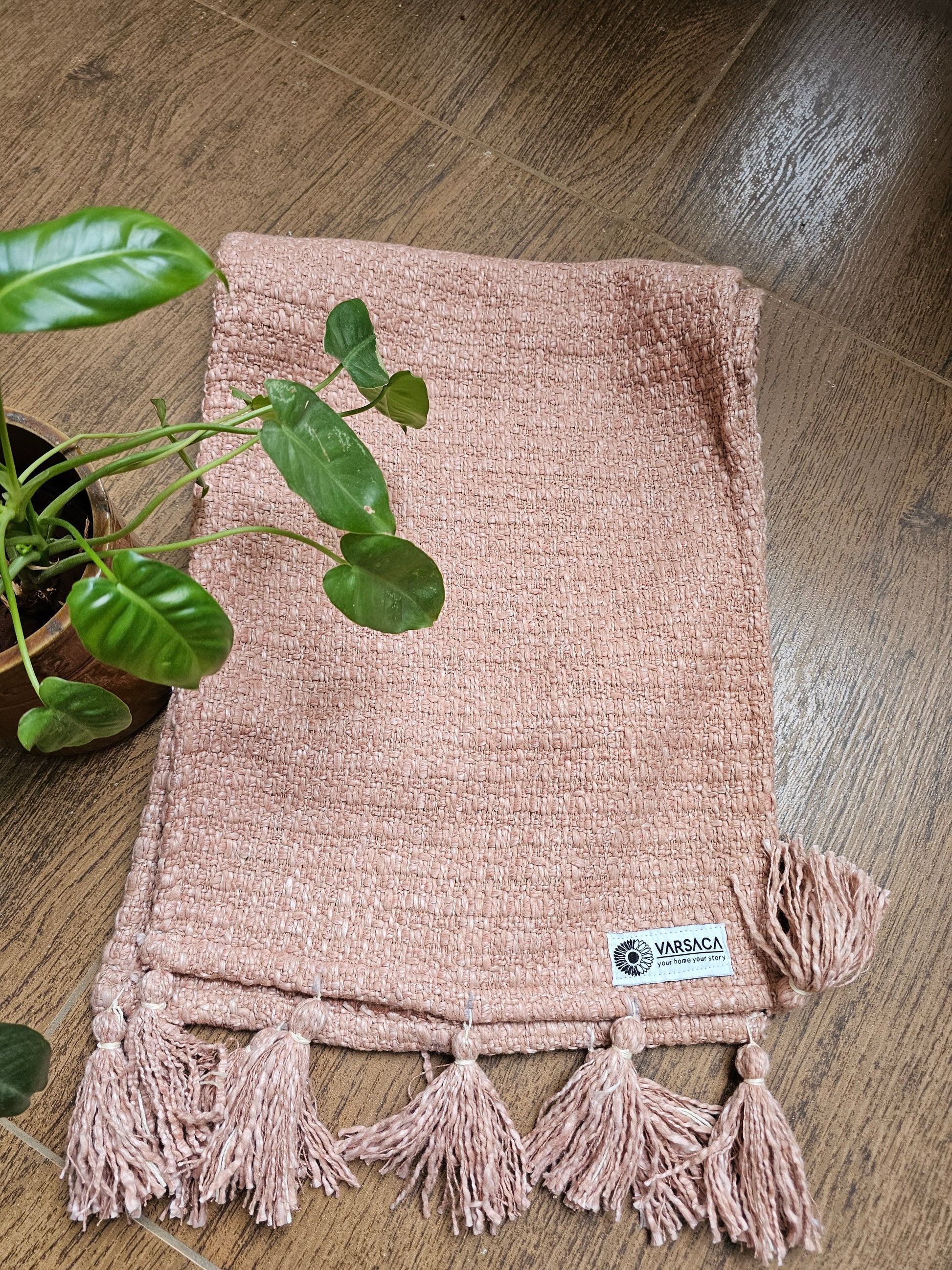 peach cotton table runner with tassels
