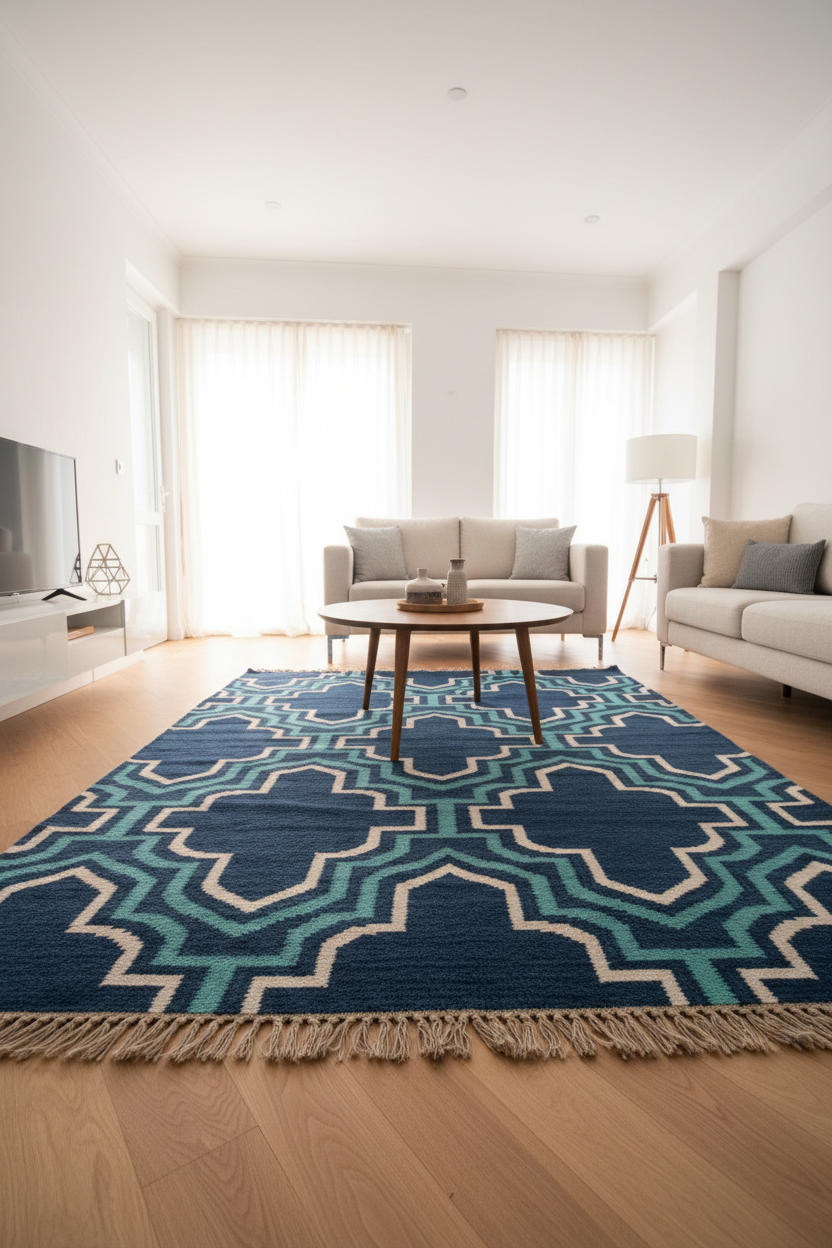 Living room with a blue geometric patterned rug, white walls, and light-colored furniture.