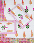 100x108 inch king size cotton bedsheet and matching pillow covers styled with a traditional pink floral and paisley handblock print.
