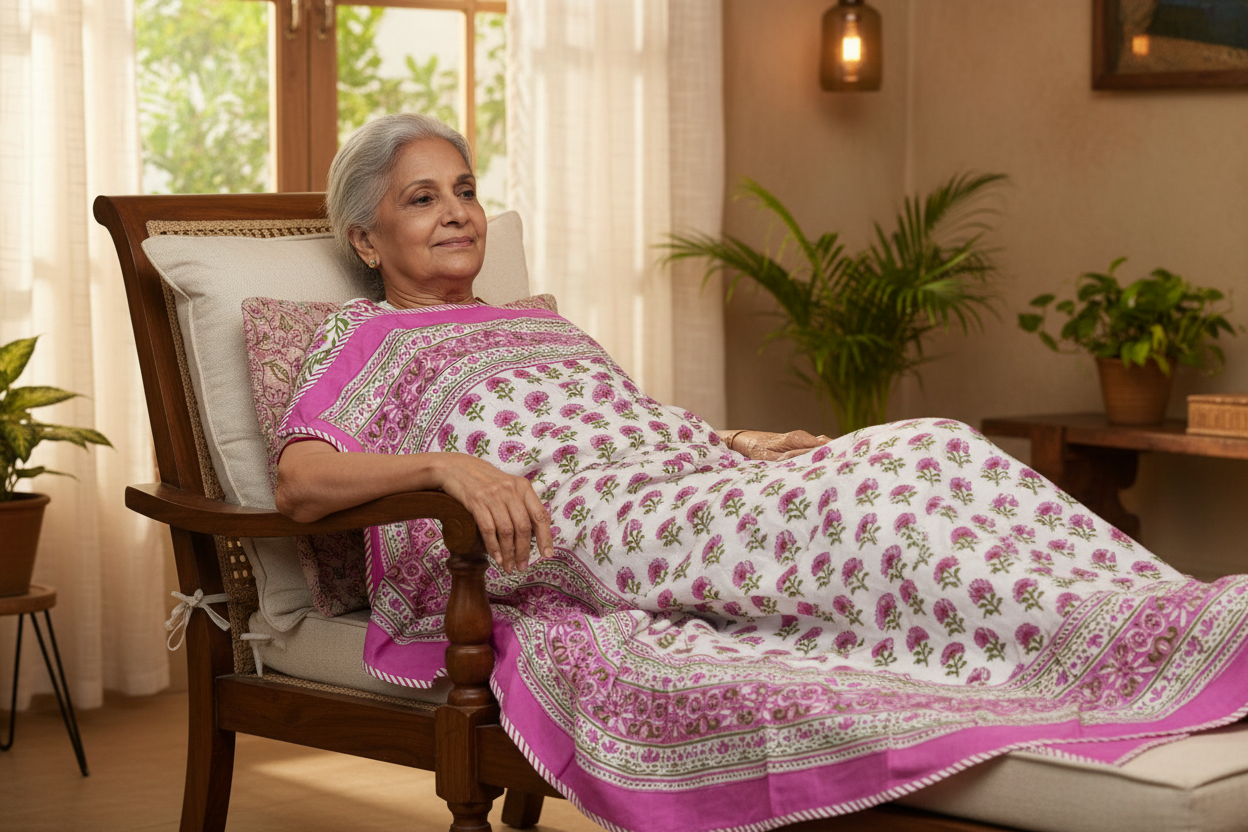 Hand Block Printed Reversible Mul Cotton Dohar | Single Size (60x90 in) White Base, Pink & Green Floral