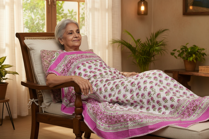 Hand Block Printed Reversible Mul Cotton Dohar | Single Size (60x90 in) White Base, Pink & Green Floral