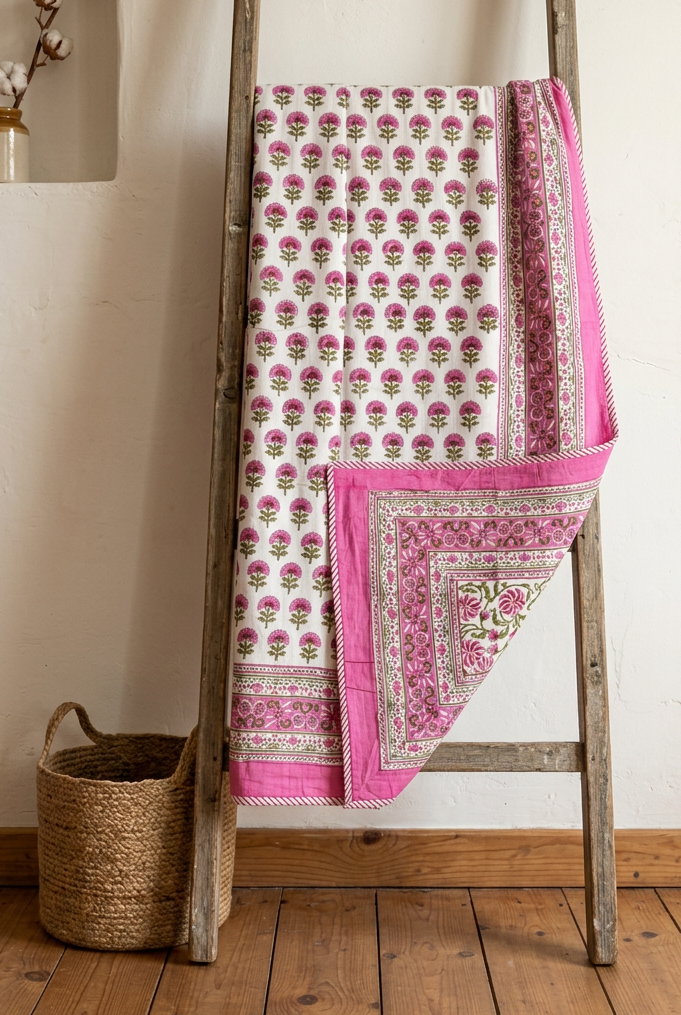 Hand Block Printed Reversible Mul Cotton Dohar | Single Size (60x90 in) White Base, Pink & Green Floral