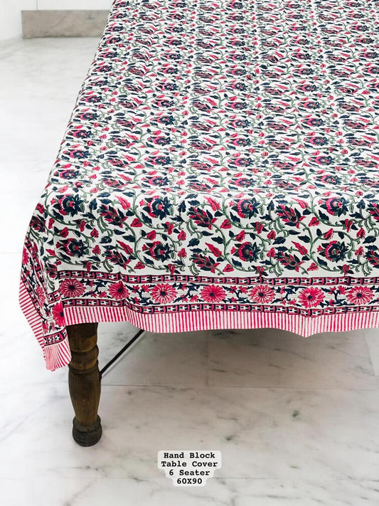 pink floral block printed tablecloth