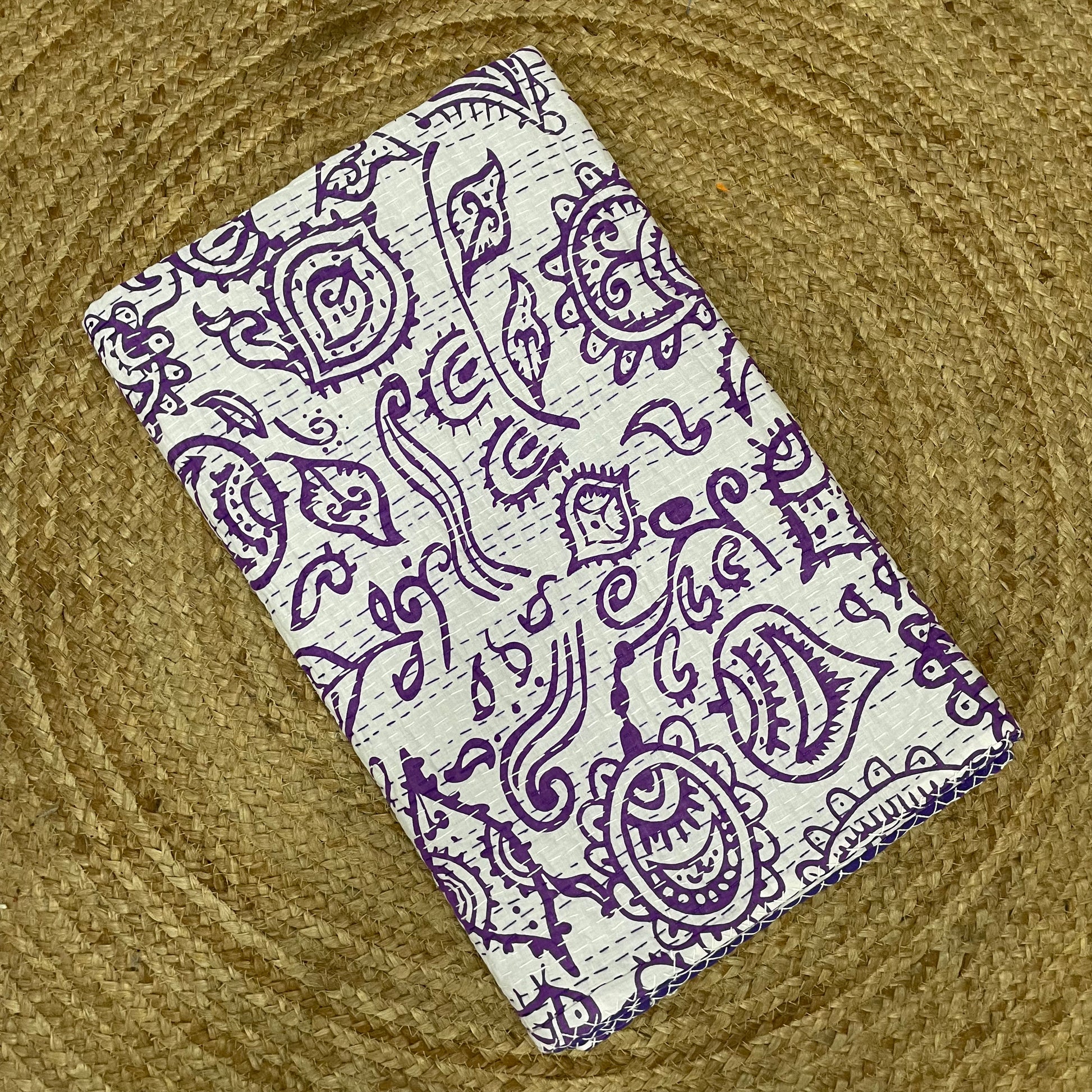 purple and white kantha bedcover