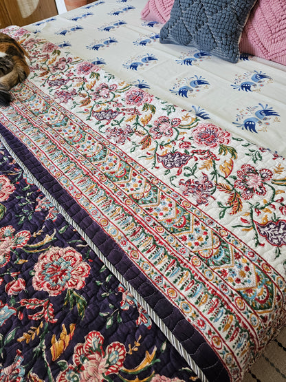 purple cream reversible floral quilt