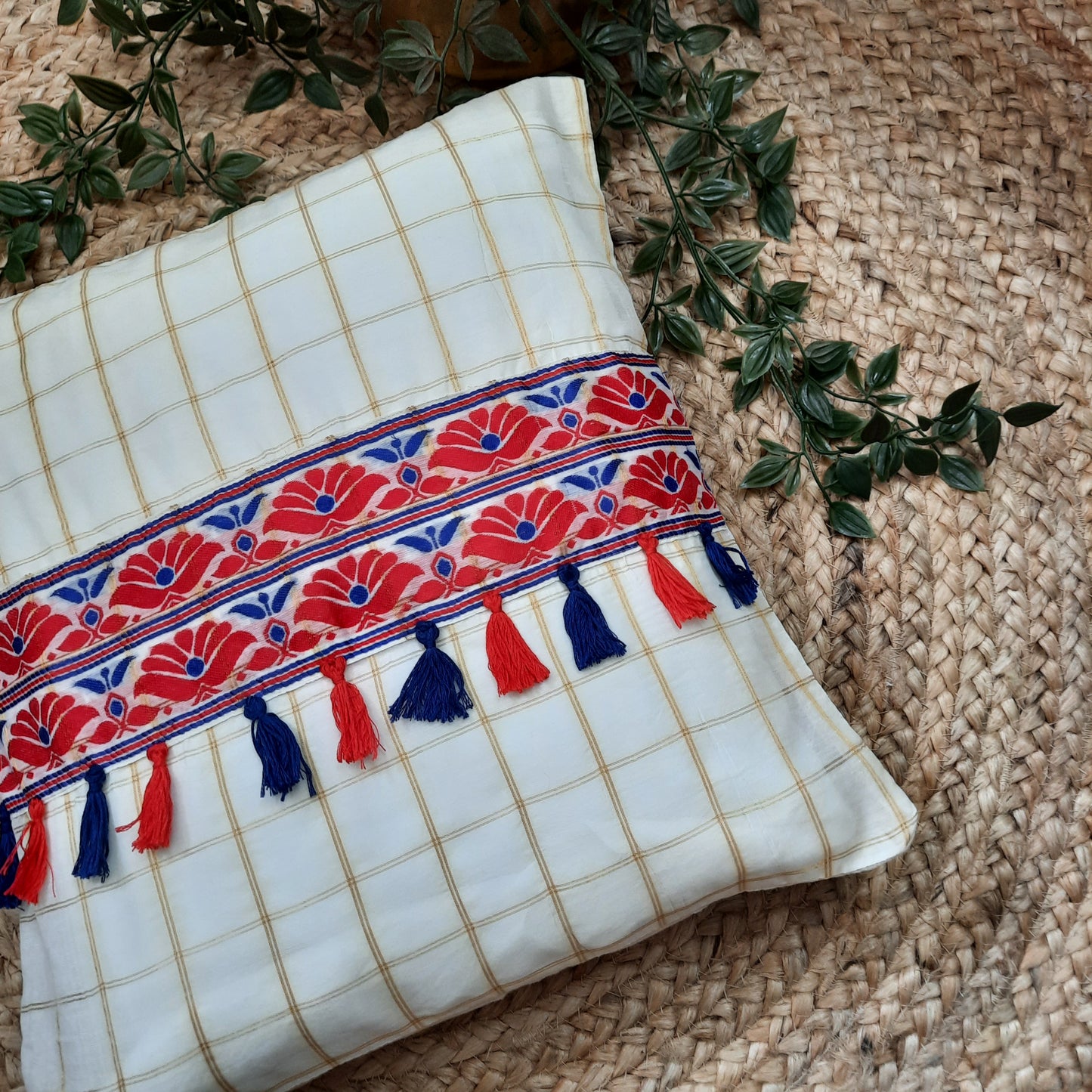 Handcrafted Assamese Cotton Silk Indian Traditional Tessels Design  Cushion Cover with Red and Blue Motif Lace Work