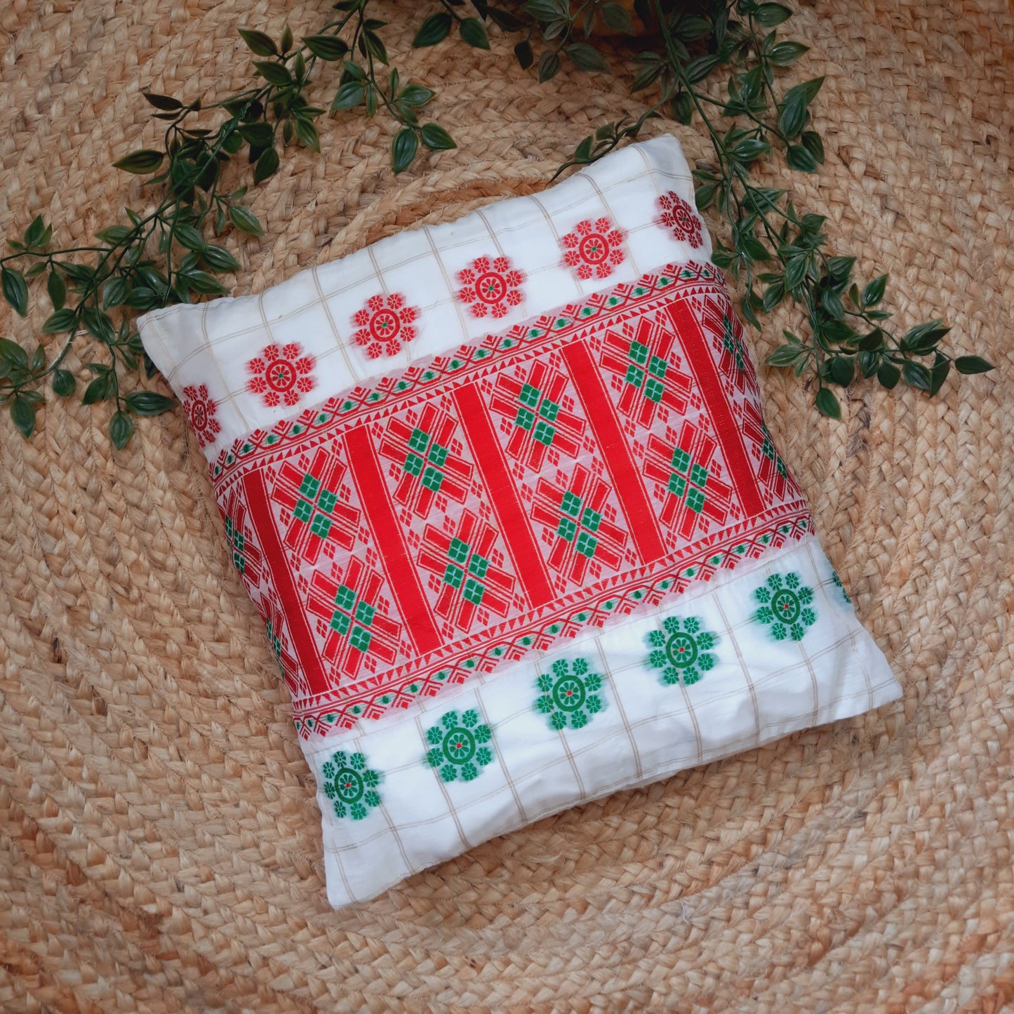 Assamese Cotton Silk Indain Traditional Cushion Cover with Red and Green Motif Lace Work