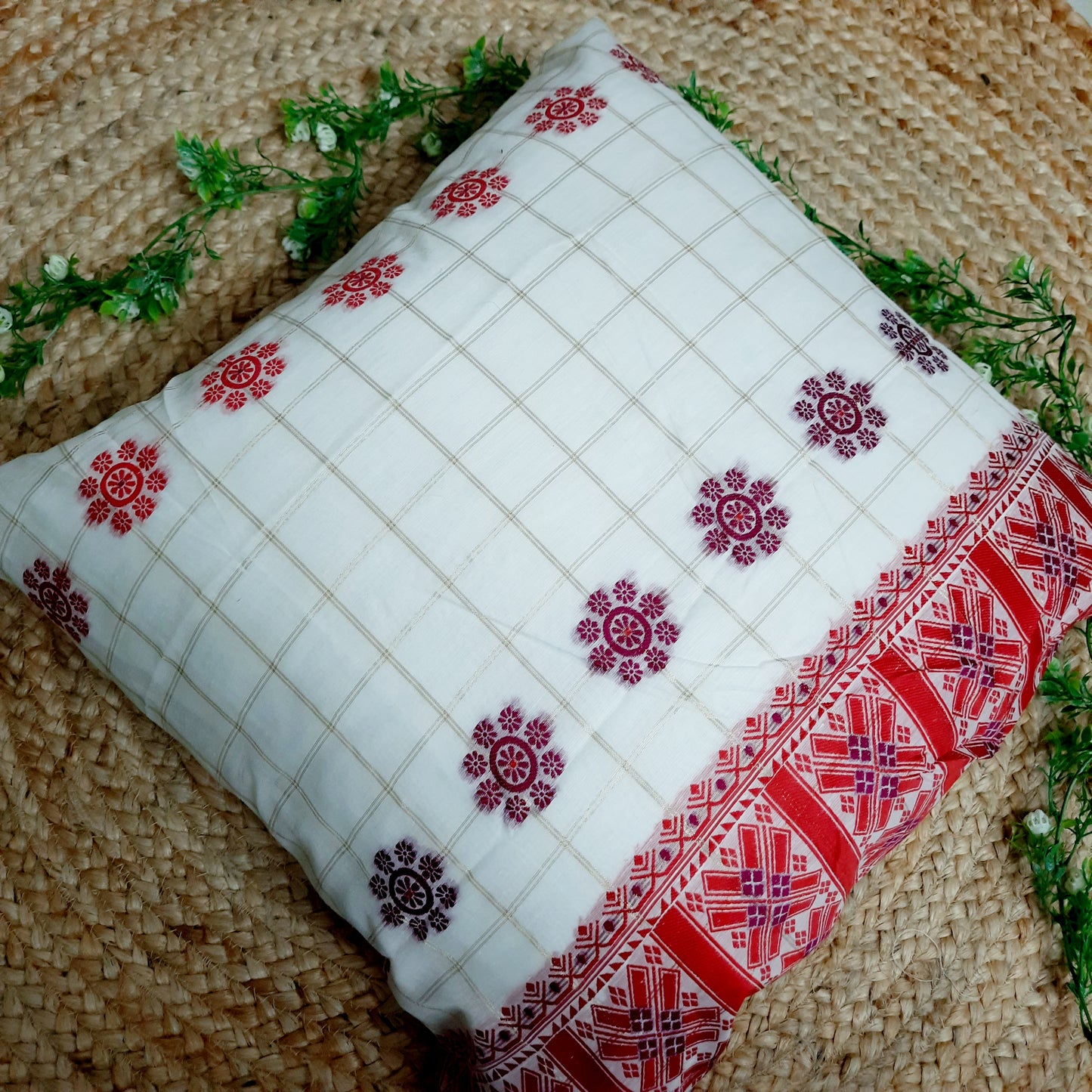 Assamese Cotton Silk Indain Traditional Cushion Cover with Red and Magenta Motif Lace Work