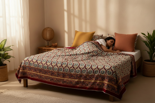 Hand Block Printed Reversible Mul Cotton Dohar | Single Size (60x90 in) Deep Red & White Floral