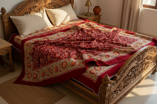 Floral Hand Block Printed Reversible Mul Cotton Dohar | Single Size (60x90 in) Deep Red & White Floral