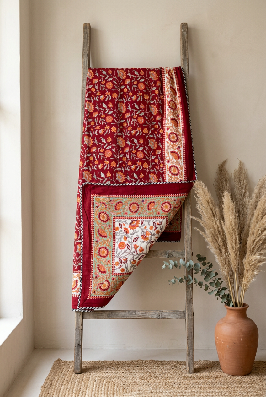 Floral Hand Block Printed Reversible Mul Cotton Dohar | Single Size (60x90 in) Deep Red & White Floral