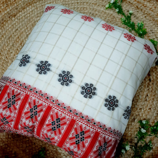 Assamese Cotton Silk Indain Traditional Cushion Cover with Red and Black Motif Lace Work