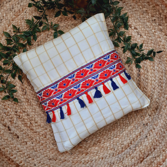 Handcrafted Assamese Cotton Silk Indian Traditional Tessels Design  Cushion Cover with Red and Blue Motif Lace Work