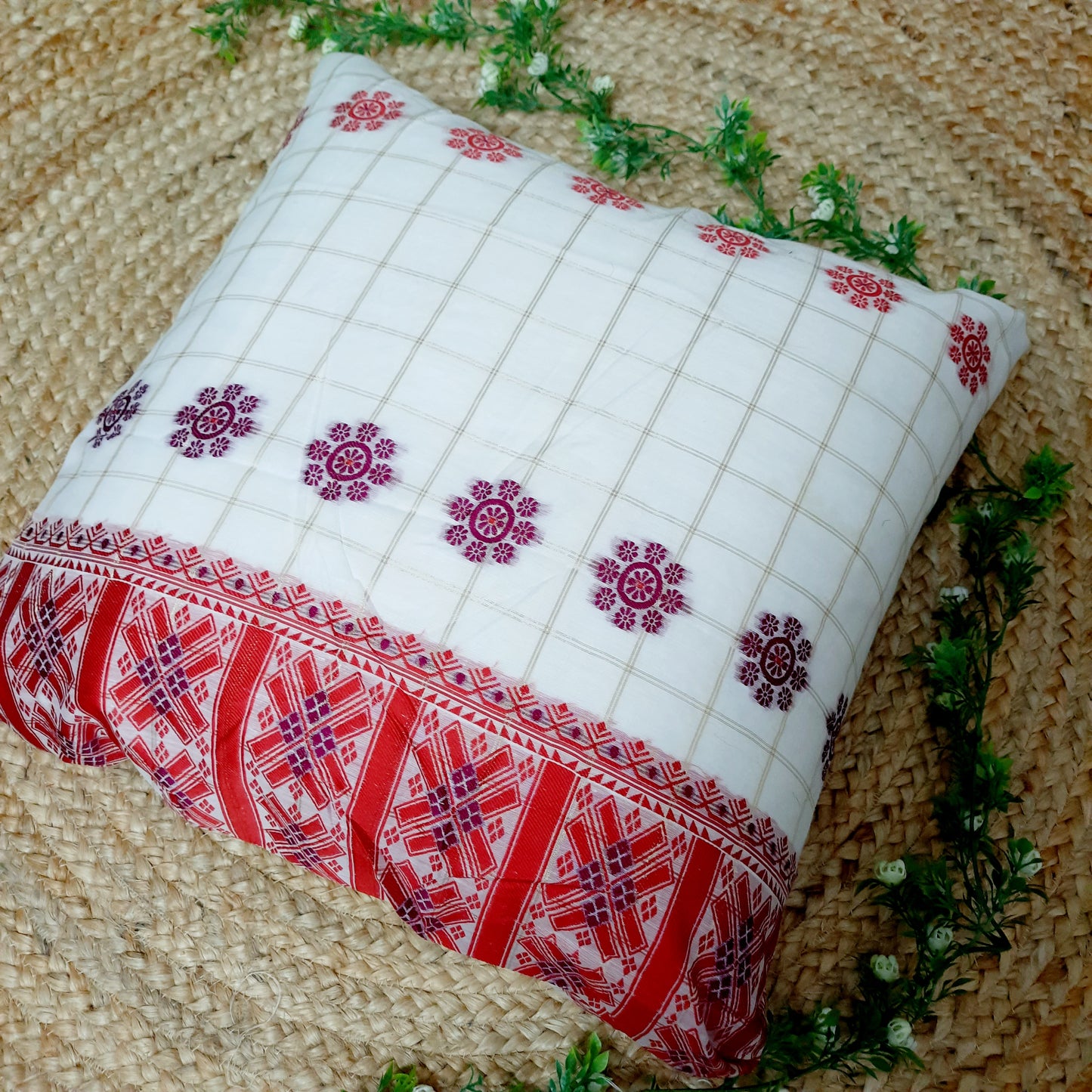 Assamese Cotton Silk Indain Traditional Cushion Cover with Red and Magenta Motif Lace Work