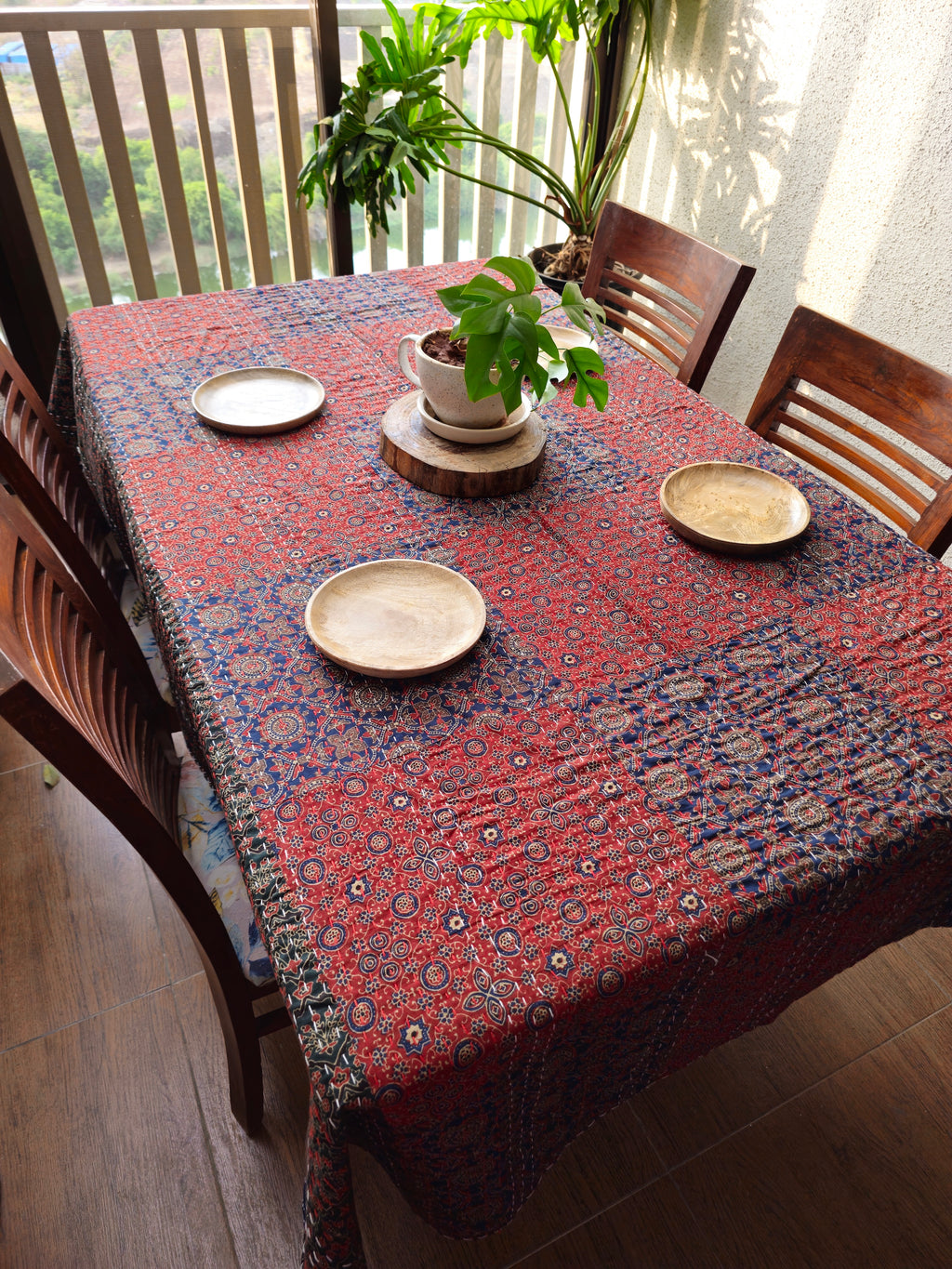 reversible Kantha Ajrakh table cover 