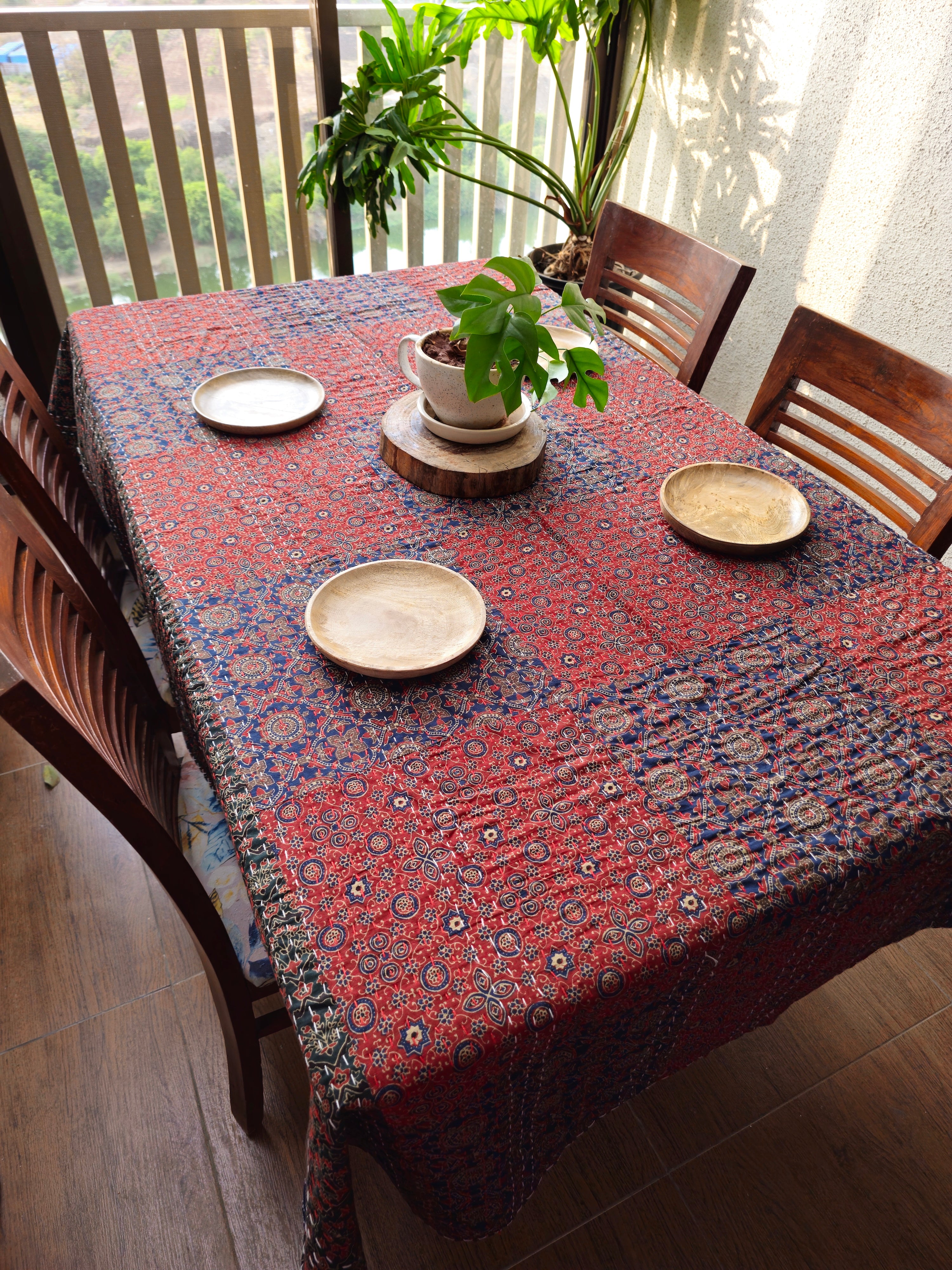reversible Kantha Ajrakh table cover 