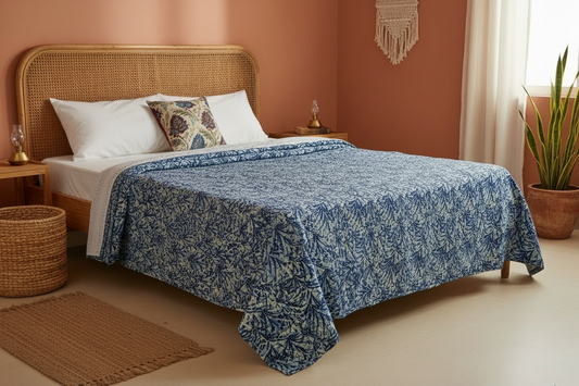 Hand Made Kantha Stitch Pure Cotton Bedcover | Blue & White Abstract Leaf Motif (Queen & King Size)