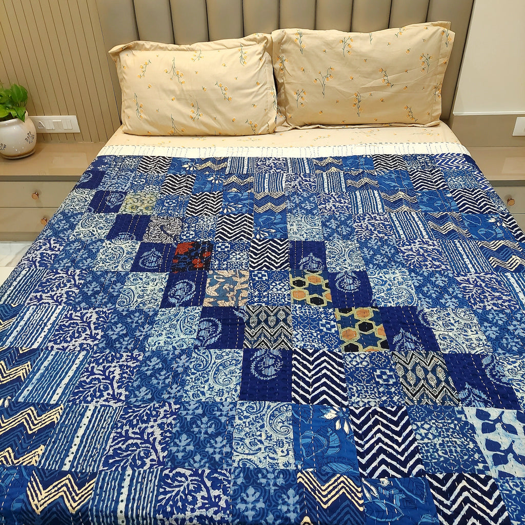 reversible indigo kantha quilt