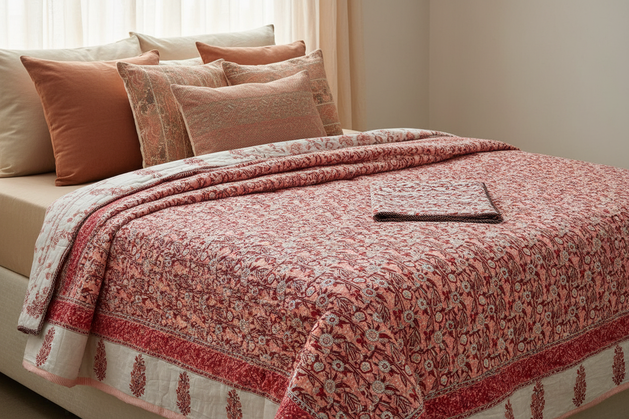 Reversible Single Dohar – White Hand Block Printed Cotton with Red, Maroon & Peach Floral Motifs