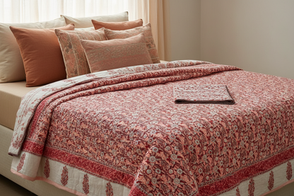 Reversible Single Dohar – White Hand Block Printed Cotton with Red, Maroon & Peach Floral Motifs