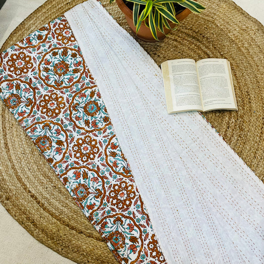 White and Brown Motif Kantha Bedcover | Handmade & Elegant