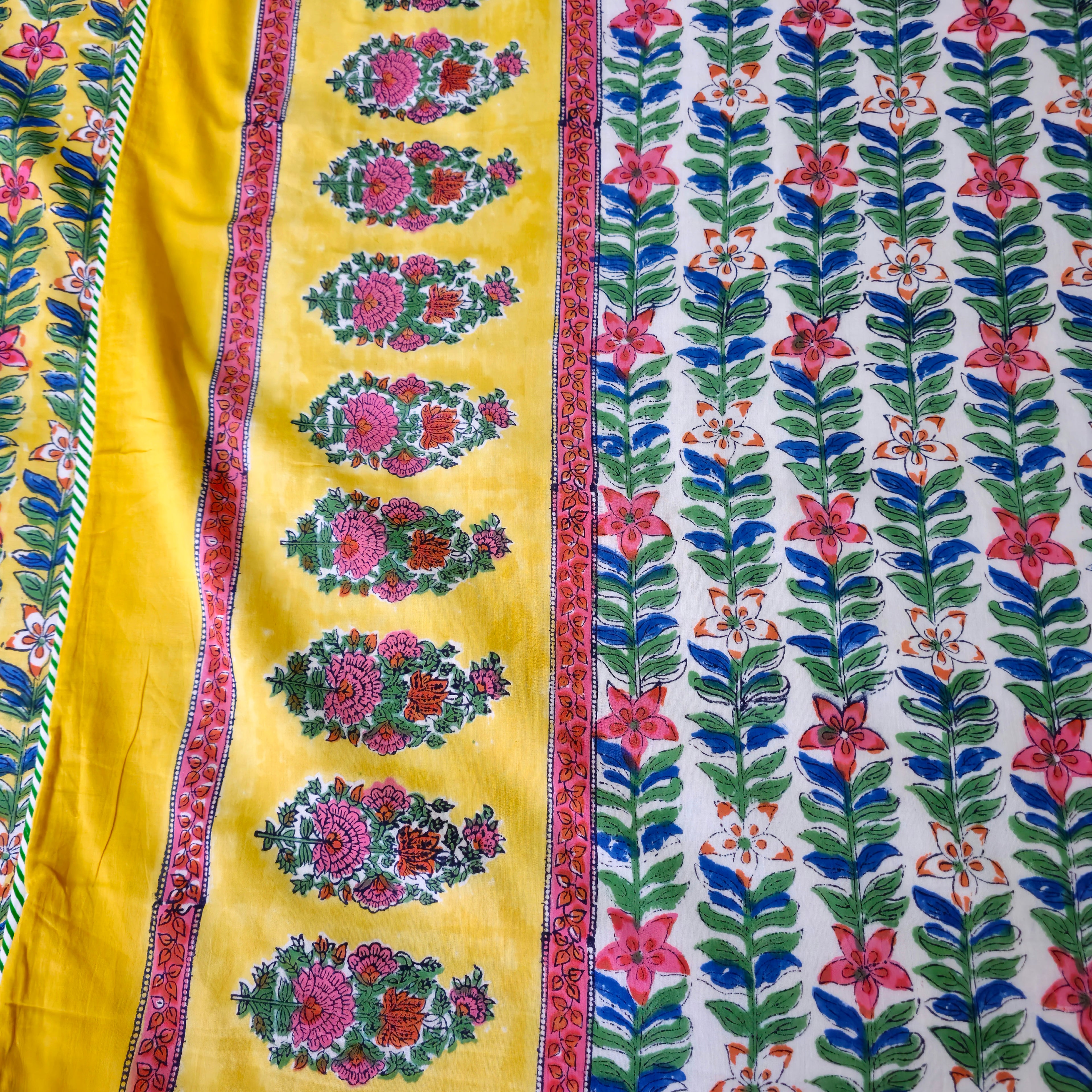 Yellow And Green Floral Print Pure Cotton Reversible Dohar King Size