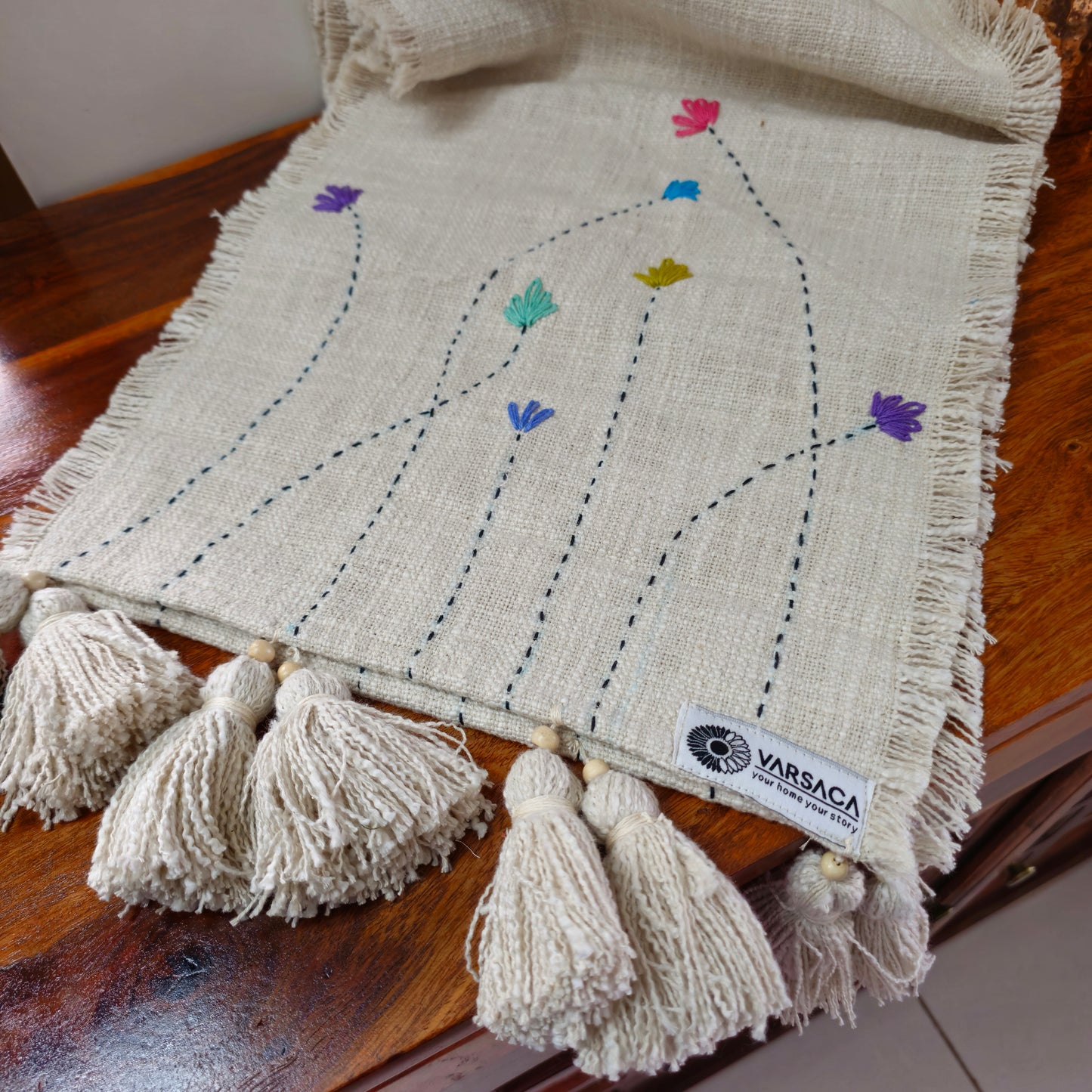 Handmade Kantha Work Slub Cotton Table Runner in Off-white Color with Embroidery and Hanging Tassels