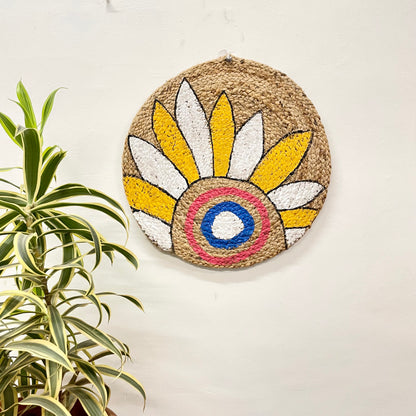 Hand-Painted Sunflower Round Jute Mat – Multipurpose Wall Decor & Table Mat