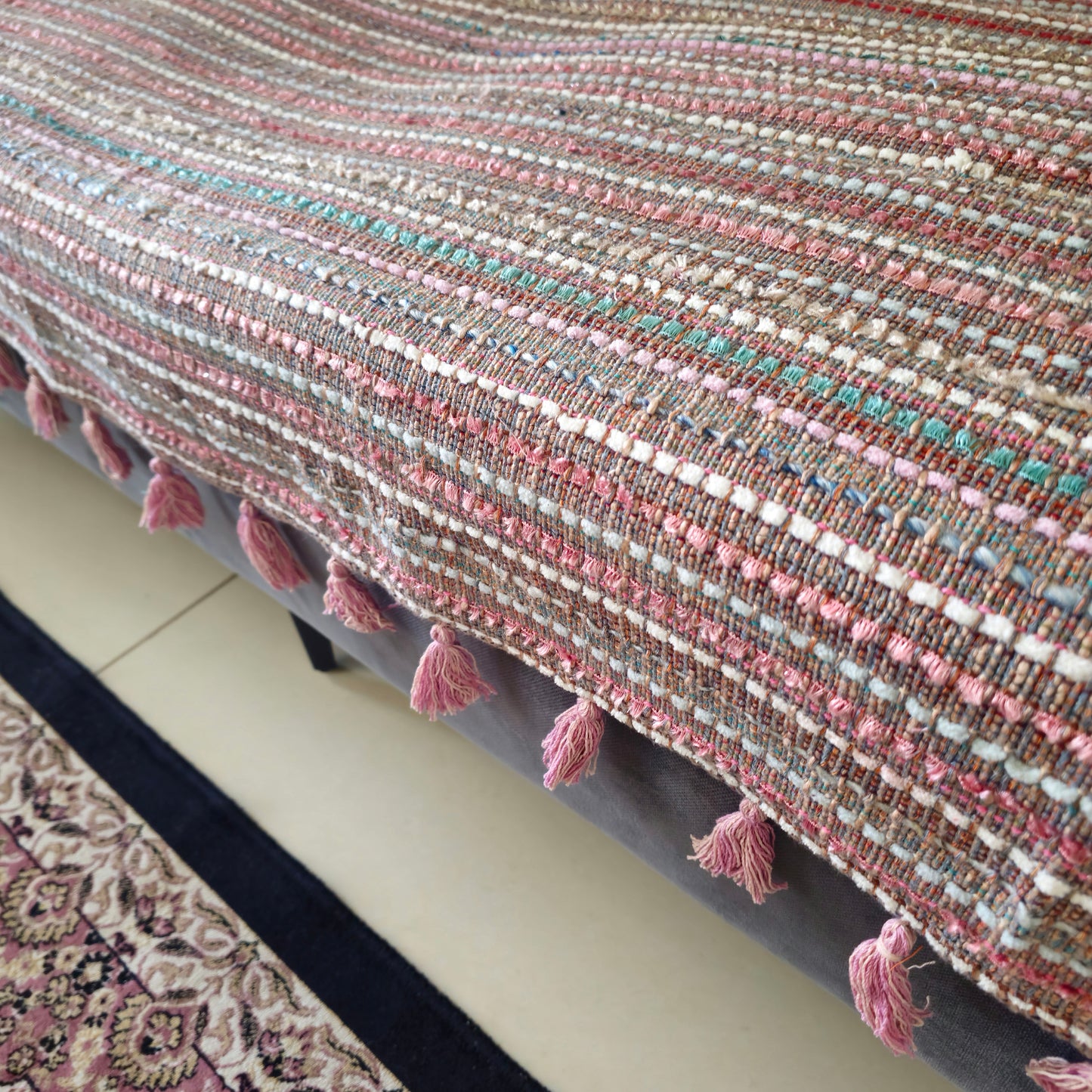 Pink Festive Sofa Cover with Tassels– Handwoven, Soft, and Durable