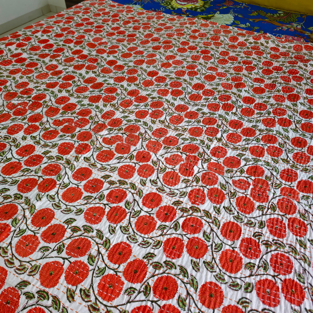 Orange Floral Kantha Work With Green Leaves Print King Size Bedcover