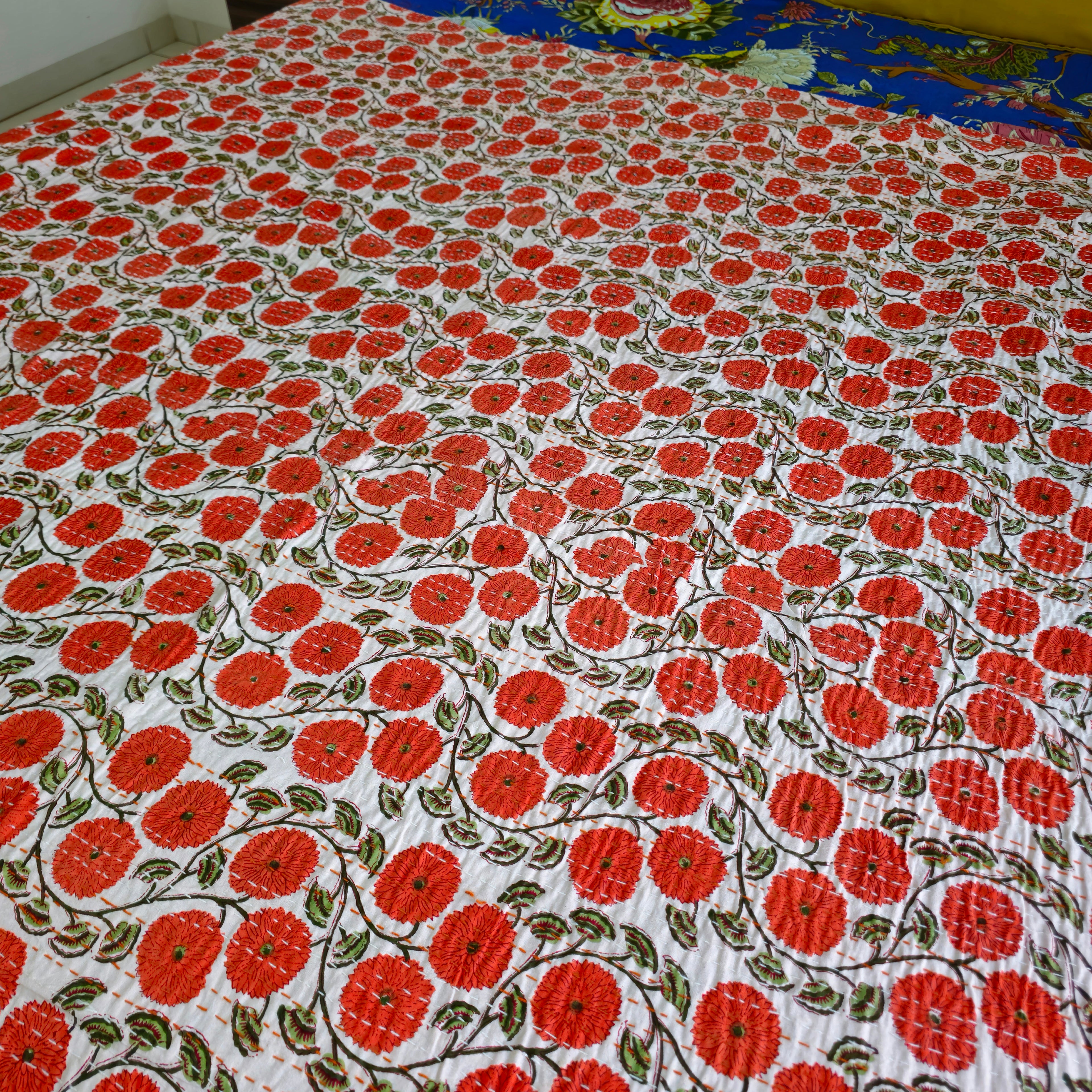 Orange Floral Kantha Work With Green Leaves Print King Size Bedcover