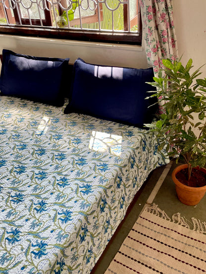 White Base Kantha Bedcover with Blue & Green Floral Motifs | Handmade & Elegant