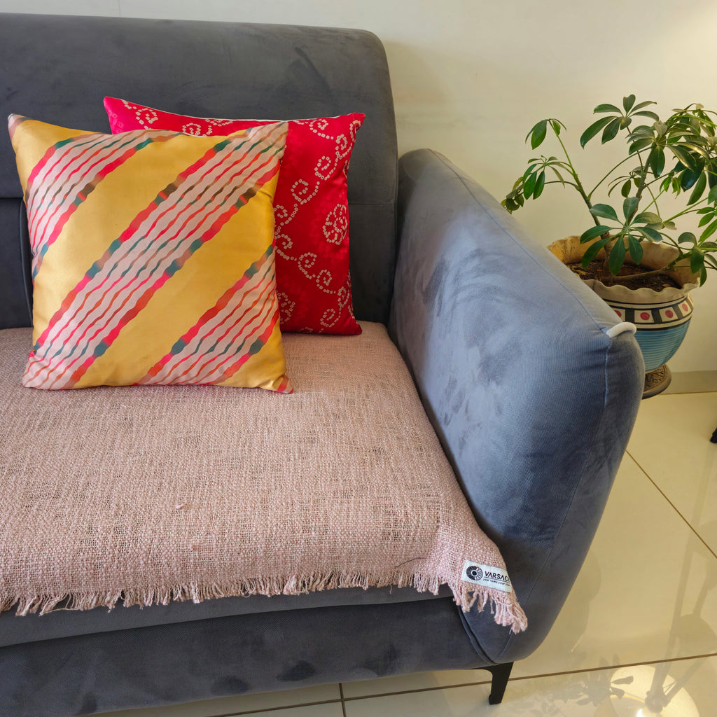 Handwoven Solid Light Pink Slub Cotton Sofa Cover – Soft and Durable