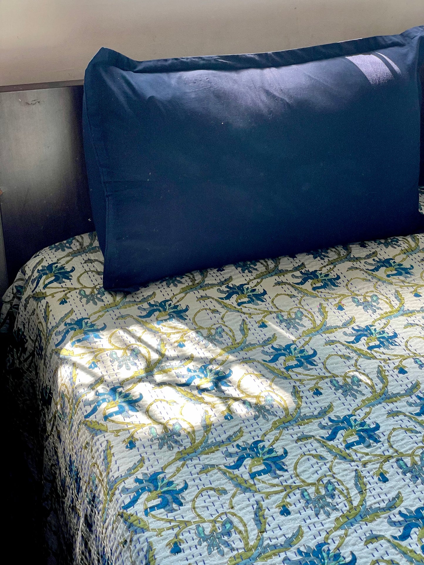 White Base Kantha Bedcover with Blue & Green Floral Motifs | Handmade & Elegant