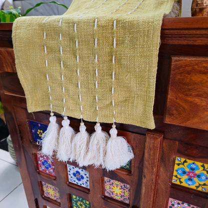 Handmade Kantha Work Slub Cotton Table Runner in Mustard-yellow Color with Threaded Lines and Hanging Tassels