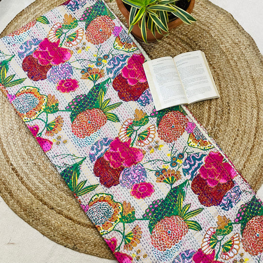 White Abstract Fruit Print Kantha Bedcover | Handmade & Stylish