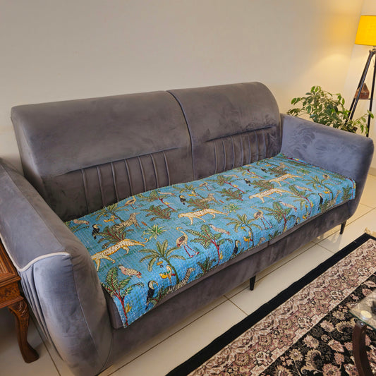 Blue Animal Print Kantha Sofa Cover