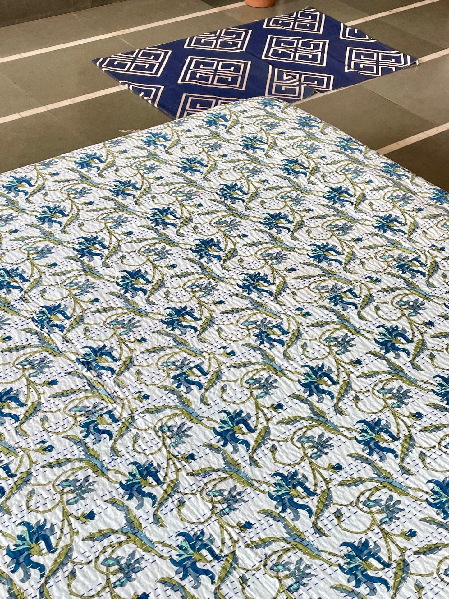 White Base Kantha Bedcover with Blue & Green Floral Motifs | Handmade & Elegant