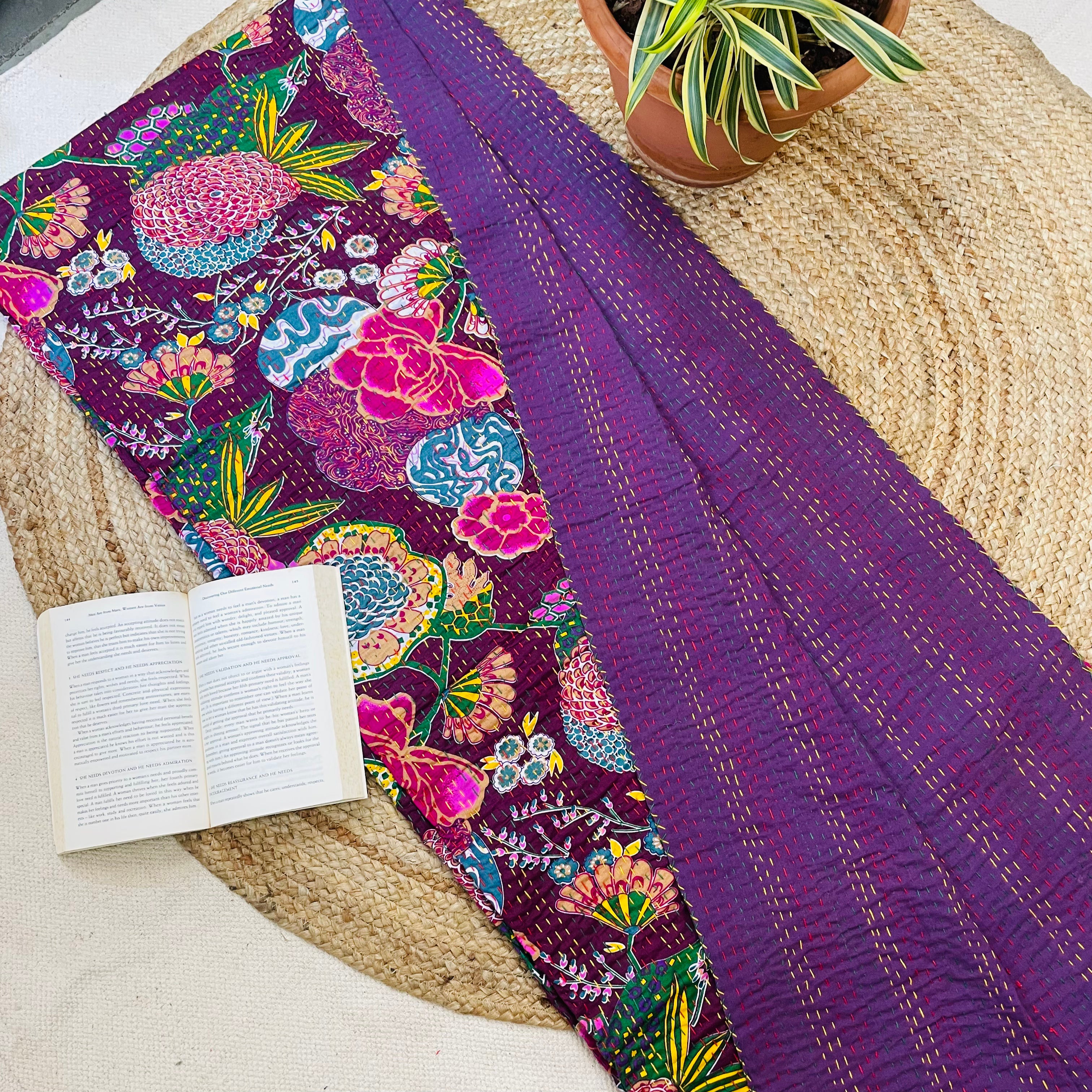 Purple Abstract Fruit Print Kantha Bedcover | Reversible & Handmade