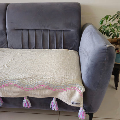 Handwoven Beige Slub Cotton Sofa Cover with Embroidered Waves and Tassels