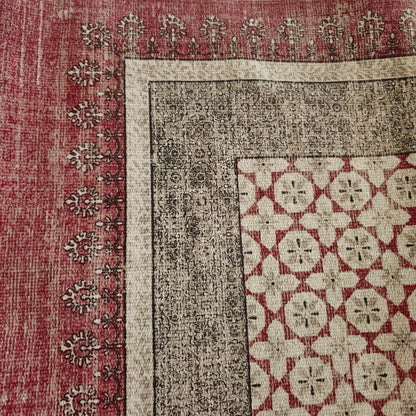 Maroon and Black Cotton Rug with Geometric Floral Motif | Handwoven Dhurrie Carpet