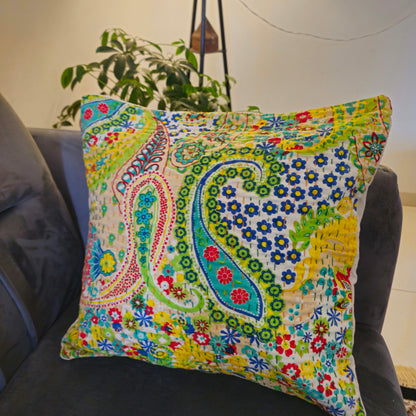 Green Paisley Floral Kantha Work Cushion Cover – Handmade