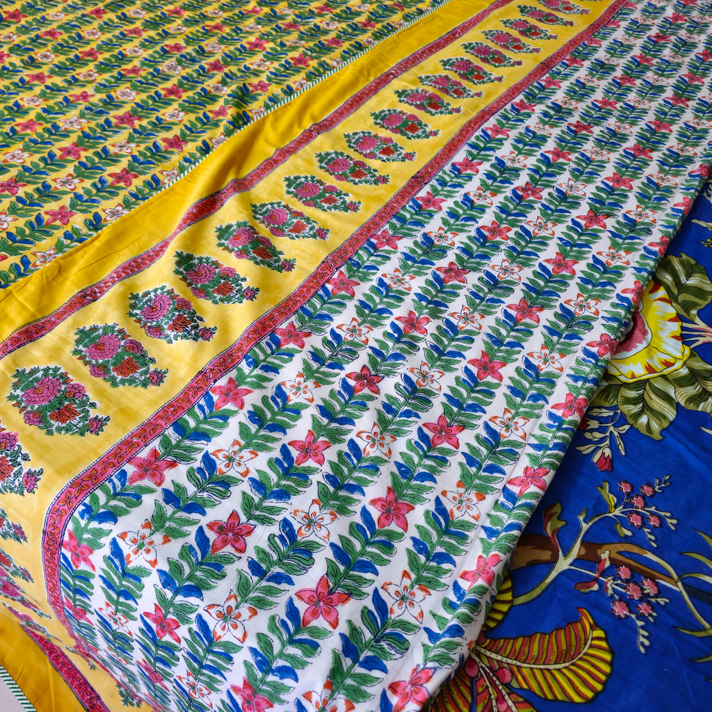 Yellow And Green Floral Print Pure Cotton Reversible Dohar King Size