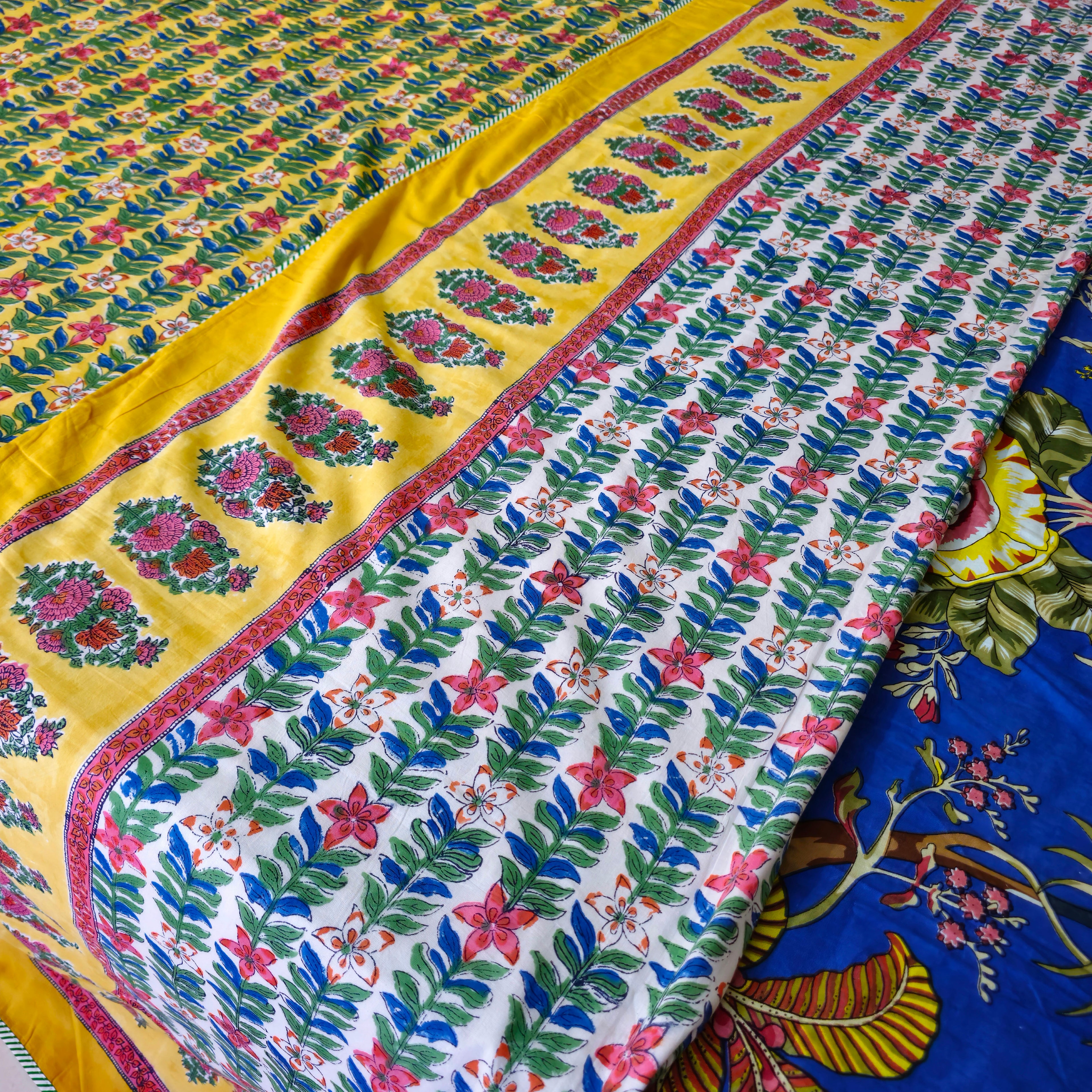 Yellow And Green Floral Print Pure Cotton Reversible Dohar King Size