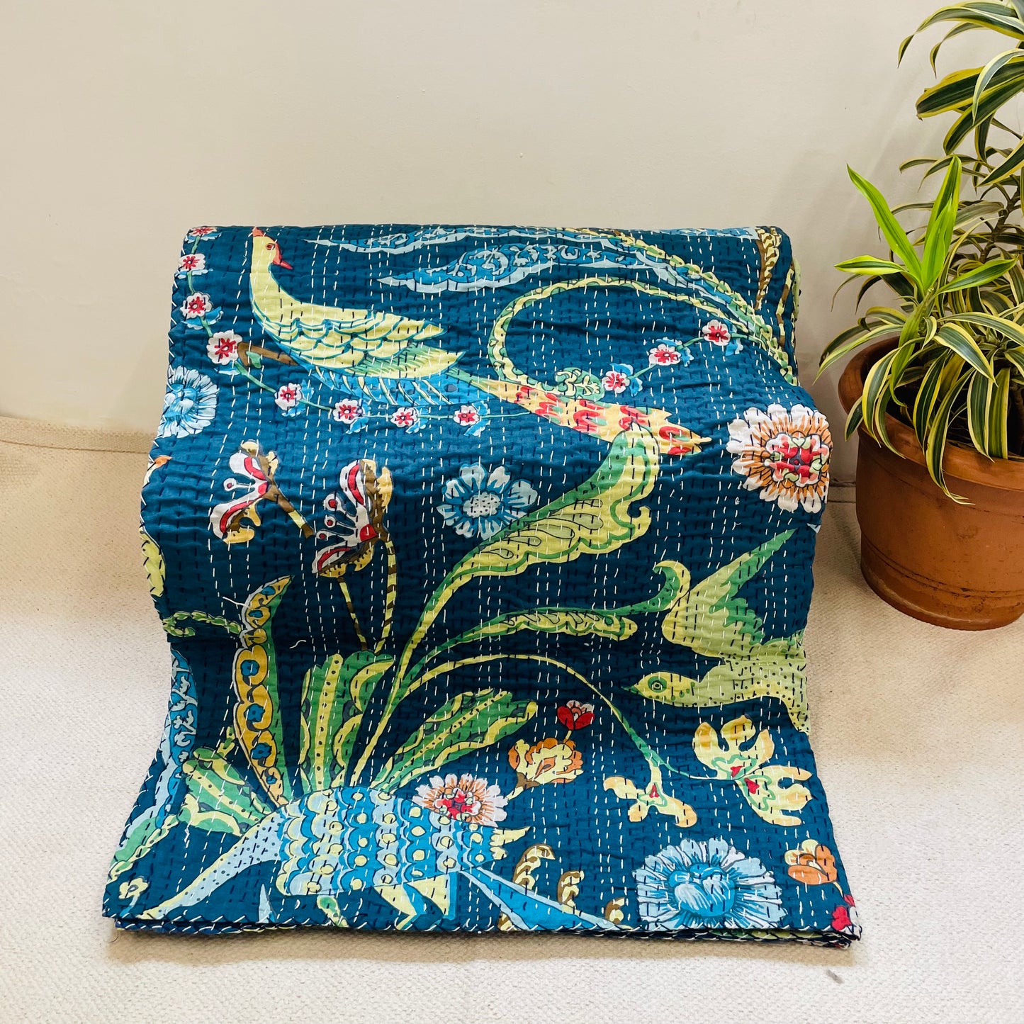 Handmade Blue Tropical Bird Kantha Bedcover