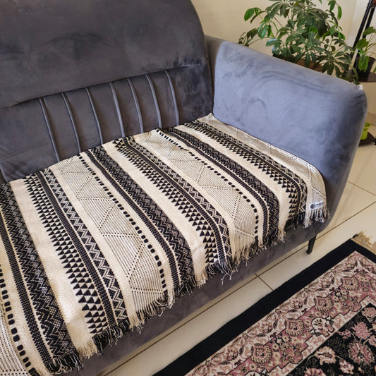 Black and White Boho Handwoven Cotton Sofa Cover – Stylish & Durable