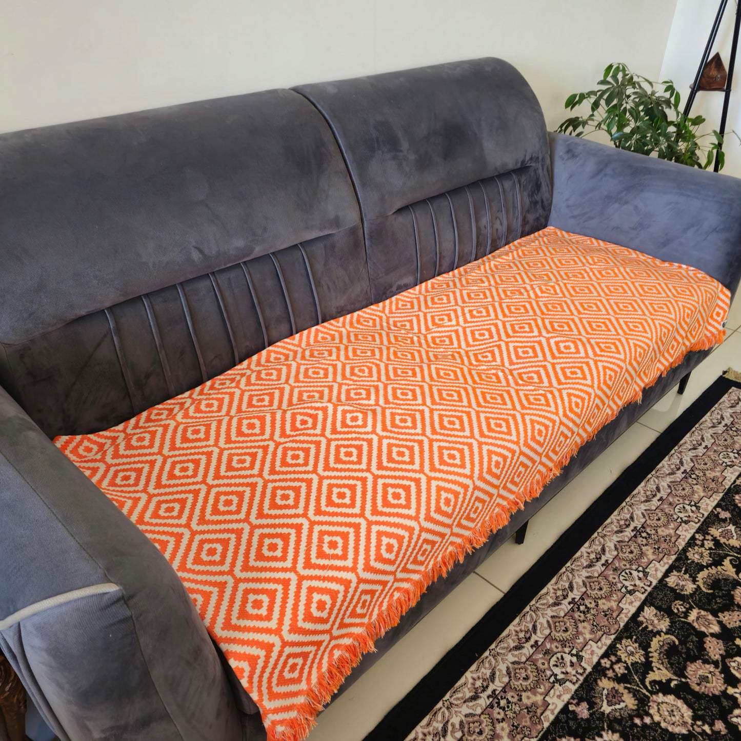 Handwoven Diamond Patterned Orange Jacquard Sofa Cover – Elegant and Durable